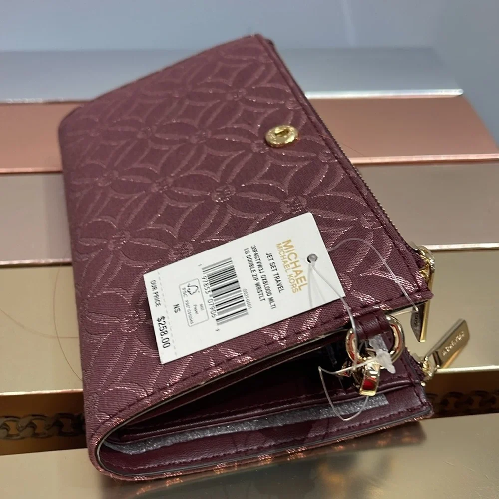 Michael Kors Jet Set Travel Large Double-Zip Wristlet-Wallet-PhoneHolder Oxblood